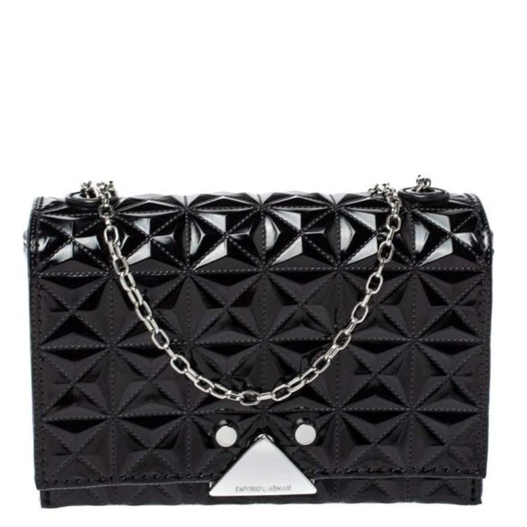 Emporio Armani Black Patent Quilted Leather Stud Flap Chain Bag - Picture 2 of 8
